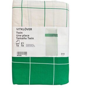 IKEA VITKLOVER Green & White Check Twin Reversible Duvet Cover Set